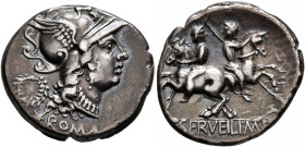 C. Servilius M.f, 136 BC. Denarius (Silver, 18 mm, 3.77 g, 7 h), Rome. ROMA Head of Roma to right, wearing winged helmet, pendant earring and necklace...
