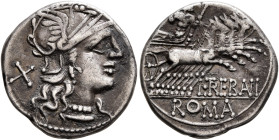 L. Trebanius, 135 BC. Denarius (Silver, 18 mm, 3.91 g, 12 h), Rome. Head of Roma to right, wearing crested and winged helmet; behind, X (mark of value...