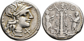 C. Augurinus, 135 BC. Denarius (Silver, 19 mm, 3.82 g, 9 h), Rome. ROMA Head of Roma to right, wearing winged helmet, pendant earring and pearl neckla...