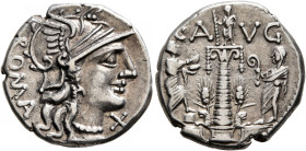 C. Augurinus, 135 BC. Denarius (Silver, 18 mm, 4.00 g, 8 h), Rome. ROMA Head of Roma to right, wearing winged helmet, pendant earring and pearl neckla...