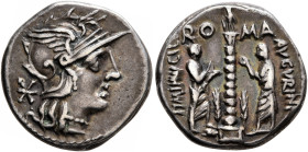 Ti. Minucius C.f. Augurinus, 134 BC. Denarius (Silver, 16 mm, 3.99 g, 6 h), Rome. Head of Roma to right, wearing winged helmet, pendant earring and pe...