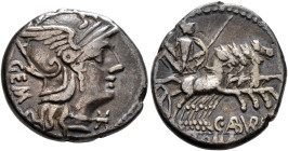 C. Aburius Geminus, 134 BC. Denarius (Silver, 18 mm, 3.73 g, 9 h), Rome. GEM Head of Roma to right, wearing crested and winged helmet; to right, ✱ (ma...