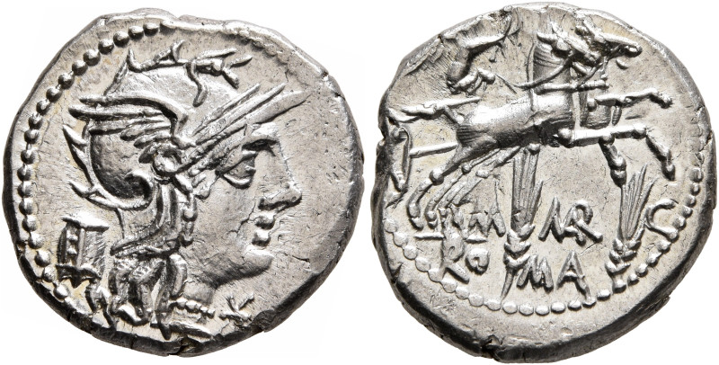 M. Marcius Mn.f, 134 BC. Denarius (Silver, 19 mm, 4.00 g, 3 h), Rome. Head of Ro...