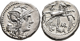 M. Marcius Mn.f, 134 BC. Denarius (Silver, 19 mm, 4.00 g, 3 h), Rome. Head of Roma to right, wearing crested and winged helmet; behind, modius; to rig...