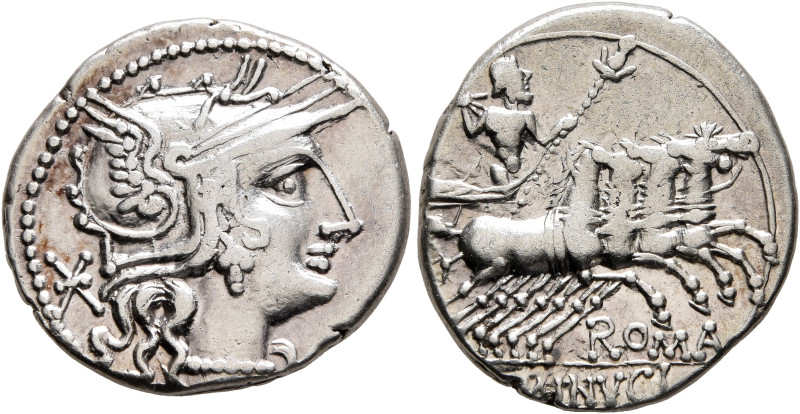 L. Minucius, 133 BC. Denarius (Silver, 19 mm, 3.86 g, 3 h), Rome. Head of Roma t...