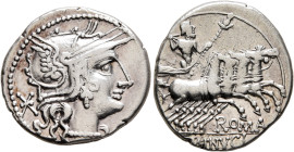 L. Minucius, 133 BC. Denarius (Silver, 19 mm, 3.86 g, 3 h), Rome. Head of Roma to right, wearing crested and winged helmet; behind, ✱ (mark of value)....