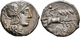 P. Maenius Antiacus M.f, 132 BC. Denarius (Silver, 17 mm, 3.74 g, 6 h), Rome. Head of Roma to right, wearing winged helmet, pendant earring and pearl ...
