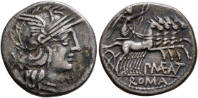 P. Maenius Antiacus M.f, 132 BC. Denarius (Silver, 18 mm, 3.12 g, 10 h), Rome. Head of Roma to right, wearing crested and winged helmet; behind, ✱ (ma...