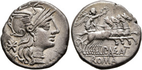 P. Maenius Antiacus M.f, 132 BC. Denarius (Silver, 18 mm, 3.66 g, 12 h), Rome. Head of Roma to right, wearing winged helmet, pendant earring and pearl...