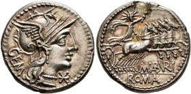 M. Aburius M.f. Geminus, 132 BC. Denarius (Silver, 19 mm, 3.83 g, 3 h), Rome. GEM Head of Roma to right, wearing winged helmet, pendant earring and pe...