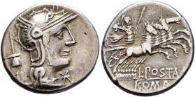 L. Postumius Albinus, 131 BC. Denarius (Silver, 19 mm, 3.88 g, 9 h), Rome. Head of Roma to right, wearing crested and winged helmet; behind, apex; to ...