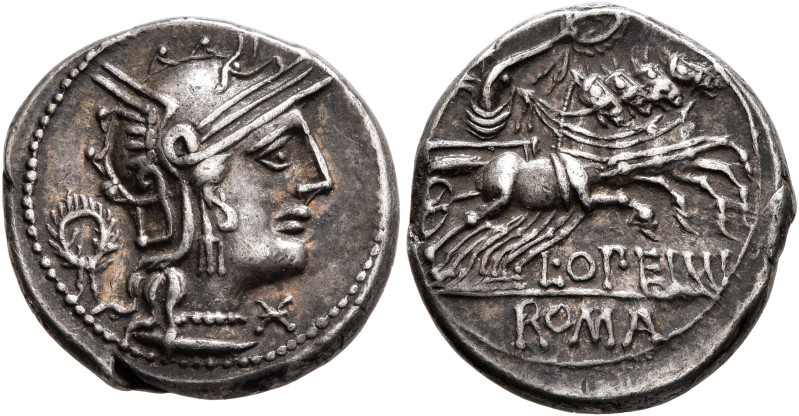 L. Opimius, 131 BC. Denarius (Silver, 18 mm, 4.00 g, 2 h), Rome. Head of Roma to...