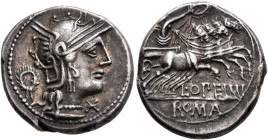 L. Opimius, 131 BC. Denarius (Silver, 18 mm, 4.00 g, 2 h), Rome. Head of Roma to right, wearing crested and winged helmet; behind, wreath; to right, ✱...