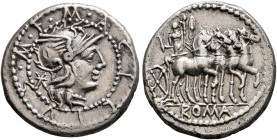 M. Acilius M.f, 130 BC. Denarius (Silver, 18 mm, 3.62 g, 3 h), Rome. M•ACILIVS•M•F Head of Roma to right, wearing crested and winged helmet; behind, ✱...