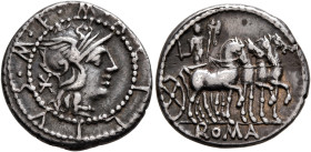 M. Acilius M.f, 130 BC. Denarius (Silver, 18 mm, 3.88 g, 5 h), Rome. M•ACILIVS•M•F Head of Roma to right, wearing crested and winged helmet; behind, X...