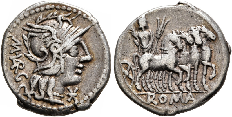 M. Vargunteius, 130 BC. Denarius (Silver, 20 mm, 3.88 g, 5 h), Rome. M• VAR G He...