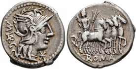 M. Vargunteius, 130 BC. Denarius (Silver, 20 mm, 3.88 g, 5 h), Rome. M• VAR G Head of Roma to right, wearing winged helmet, pendant earring and pearl ...