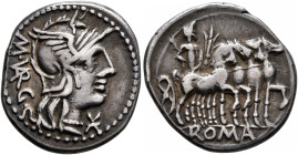 M. Vargunteius, 130 BC. Denarius (Silver, 20 mm, 3.93 g, 1 h), Rome. M•VARG Head of Roma to right, wearing crested and winged helmet; to right, star (...