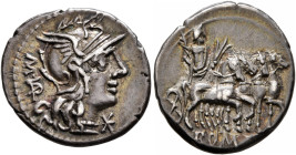 M. Vargunteius, 130 BC. Denarius (Silver, 20 mm, 3.92 g, 2 h), Rome. M• VAR G Head of Roma to right, wearing winged helmet, pendant earring and pearl ...