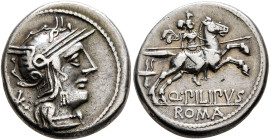 Q. Philippus, 129 BC. Denarius (Silver, 18 mm, 3.78 g, 11 h), Rome. Head of Roma to right, wearing winged helmet, pendant earring and pearl necklace; ...