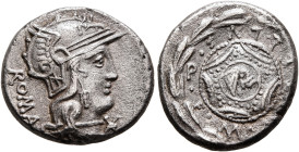 M. Caecilius Q.f. Q.n. Metellus, 127 BC. Denarius (Silver, 16 mm, 3.64 g, 2 h), Rome. ROMA Head of Roma to right, wearing winged helmet, pendant earri...