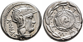 M. Caecilius Q.f. Q.n. Metellus, 127 BC. Denarius (Silver, 17 mm, 3.91 g, 3 h), Rome. ROMA Head of Roma to right, wearing winged helmet, pendant earri...