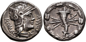 Q. Fabius Maximus, 127 BC. Denarius (Silver, 17 mm, 3.74 g, 1 h), Rome. ROMA - Q• MA X Head of Roma to right, wearing crested and winged helmet. Rev. ...
