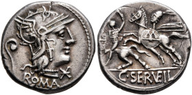 C. Servilius Vatia, 127 BC. Denarius (Silver, 18 mm, 3.91 g, 8 h), Rome. Head of Roma to right, wearing winged helmet; behind, lituus; before, star (m...