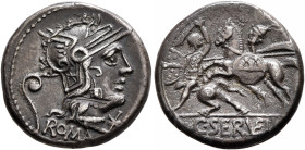 C. Servilius Vatia, 127 BC. Denarius (Silver, 17 mm, 3.90 g, 4 h), Rome. Head of Roma to right, wearing winged helmet; behind, lituus; before, star (m...