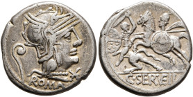 C. Servilius Vatia, 127 BC. Denarius (Silver, 17 mm, 3.85 g, 4 h), Rome. Head of Roma to right, wearing winged helmet; behind, lituus; before, star (m...