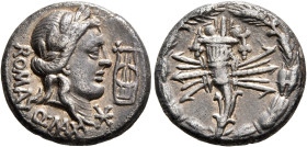 Q. Fabius Maximus, 82-80 BC. Denarius (Silver, 17 mm, 3.73 g, 12 h), restored issue, Rome. ROMA - Q•MAX Laureate head of Apollo to right; to right, ly...