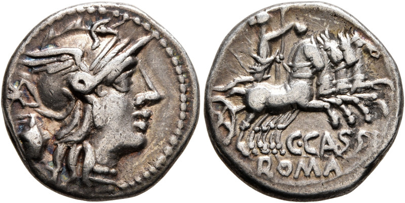 C. Cassius, 126 BC. Denarius (Silver, 18 mm, 3.78 g, 6 h), Rome. Head of Roma to...