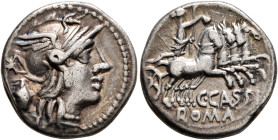 C. Cassius, 126 BC. Denarius (Silver, 18 mm, 3.78 g, 6 h), Rome. Head of Roma to right, wearing winged helmet, pendant earring and pearl necklace; beh...