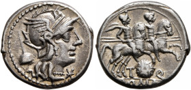 T. Quinctius Flamininus, 126 BC. Denarius (Silver, 18 mm, 3.85 g, 6 h), Rome. Head of Roma to right, wearing crested and winged helmet; behind, apex; ...