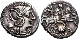T. Quinctius Flamininus, 126 BC. Denarius (Silver, 17 mm, 3.92 g, 3 h), Rome. Head of Roma to right, wearing winged helmet, pendant earring and pearl ...
