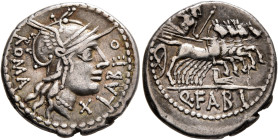 Q. Fabius Labeo, 124 BC. Denarius (Silver, 19 mm, 3.95 g, 1 h), Rome. LABEO - ROMA Head of Roma to right, wearing crested and winged helmet; to right,...