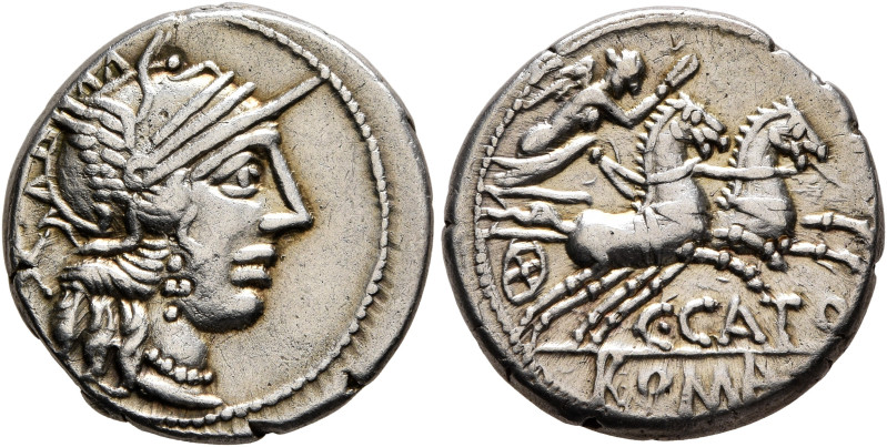 C. Cato, 123 BC. Denarius (Silver, 18 mm, 3.89 g, 3 h), Rome. Head of Roma to ri...