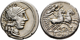 C. Cato, 123 BC. Denarius (Silver, 18 mm, 3.89 g, 3 h), Rome. Head of Roma to right, wearing crested and winged helmet; behind, star (mark of value). ...