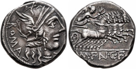 M. Fannius C.f, 123 BC. Denarius (Silver, 16 mm, 3.87 g, 6 h), Rome. ROMA Head of Roma to right, wearing winged helmet, pendant earring and pearl neck...