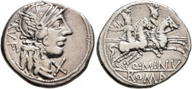 Q. Minucius Rufus, 122 BC. Denarius (Silver, 19 mm, 3.89 g, 6 h), Rome. RVF Head of Roma to right, wearing winged helmet, pendant earring and pearl ne...