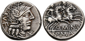 Q. Minucius Rufus, 122 BC. Denarius (Silver, 17 mm, 3.89 g, 1 h), Rome. RVF Head of Roma to right, wearing winged helmet, pendant earring and pearl ne...