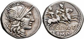 C. Plutius, 121 BC. Denarius (Silver, 18 mm, 3.88 g, 6 h), Rome. Head of Roma to right, wearing winged helmet, pendant earring and pearl necklace; bel...