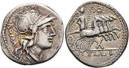 M. Tullius, 119 BC. Denarius (Silver, 20 mm, 3.82 g, 5 h), Rome. Head of Roma to right, wearing winged helmet, pendant earring and pearl necklace. Rev...