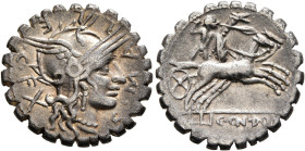 C. Malleolus C.f, 118 BC. Denarius (Silver, 19 mm, 3.81 g, 1 h), Narbo. C•MALLE•C•F• Head of Roma to right, wearing winged helmet; behind, x (mark of ...