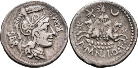 A. Manlius Q.f. Sergianus, 118-107 BC. Denarius (Silver, 21 mm, 3.85 g, 9 h), Rome. ROMA SER Head of Roma to right, wearing helmet with plumes and pen...