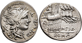 Q. Curtius, 116-115 BC. Denarius (Silver, 20 mm, 3.86 g, 3 h), with M. Silanus, Rome. Q•CVRT Head of Roma to right, wearing winged and crested helmet;...