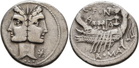 C. Fonteius, 114-113 BC. Denarius (Silver, 20 mm, 3.76 g, 10 h), Rome. Laureate, janiform head of the Dioscuri; to lower left, letter; to lower right,...