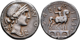 Man. Aemilius Lepidus, 114-113 BC. Denarius (Silver, 17 mm, 3.88 g, 7 h), Rome. Laureate head of Roma to right, wearing winged helmet, pendant earring...