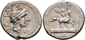 L. Philippus, 113-112 BC. Denarius (Silver, 20 mm, 3.85 g, 6 h), Rome. Head of Philip V of Macedon to right, wearing diademed royal Macedonian helmet ...