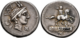 L. Philippus, 113-112 BC. Denarius (Silver, 19 mm, 3.88 g, 6 h), Rome. Head of Philip V of Macedon to right, wearing diademed royal Macedonian helmet ...